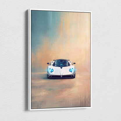 White framed canvas art print featuring a sleek white pagani zonda inspired supercar with glowing blue headlights