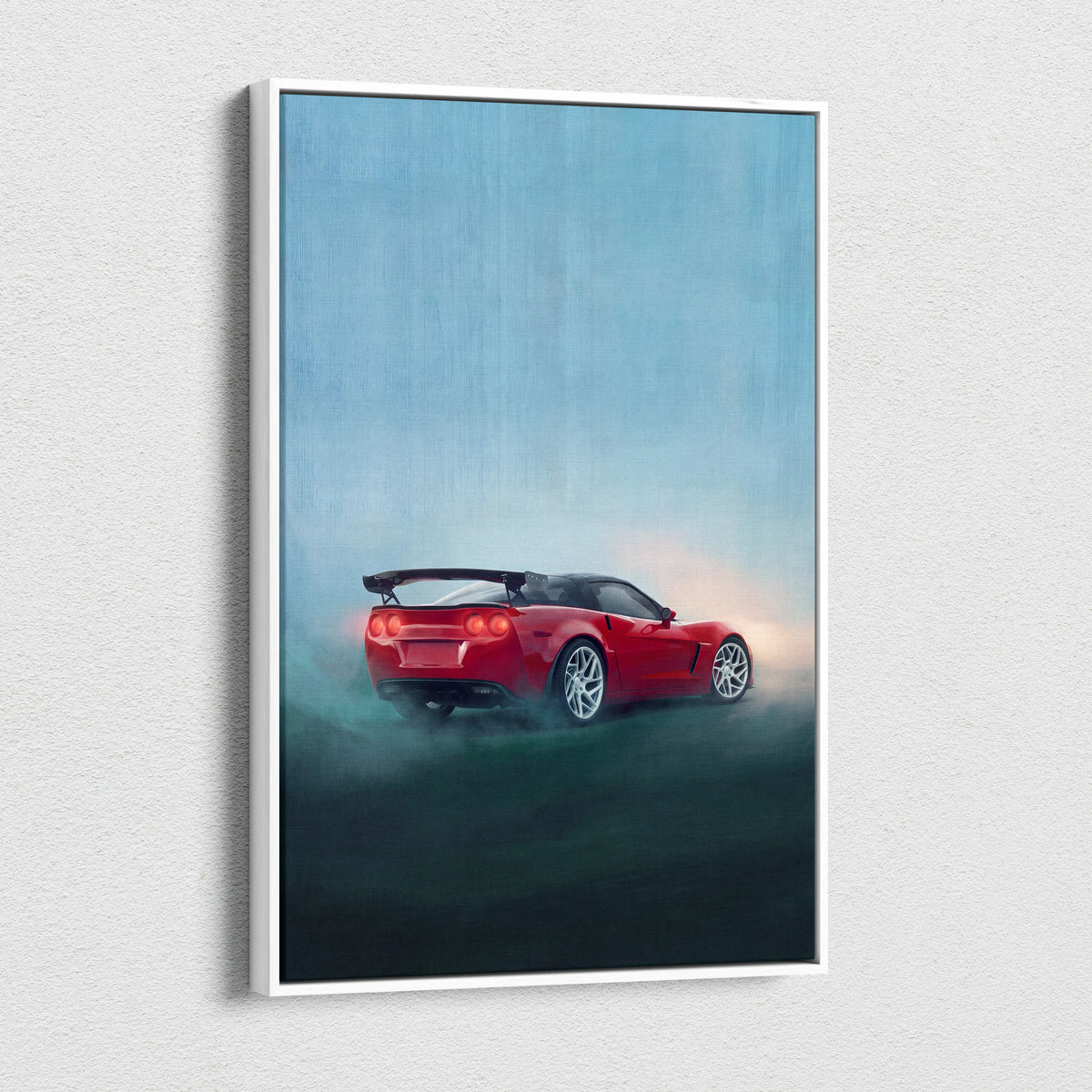 Red sports car rear view with glowing taillights and spoiler on chevrolet corvette inspired racing canvas print