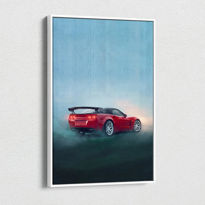 Red sports car rear view with glowing taillights and spoiler on chevrolet corvette inspired racing canvas print