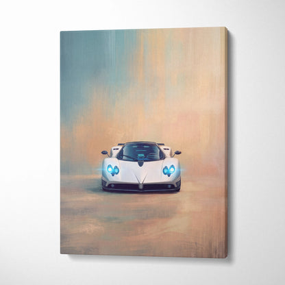 White pagani huayra hypercar with glowing blue headlights stylized canvas painting pagani zonda inspired supercar art print