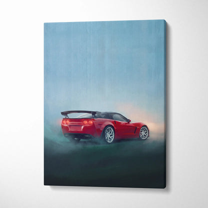 Chevrolet Corvette inspired red sports car canvas print with dynamic misty track racing scene for living room wall art