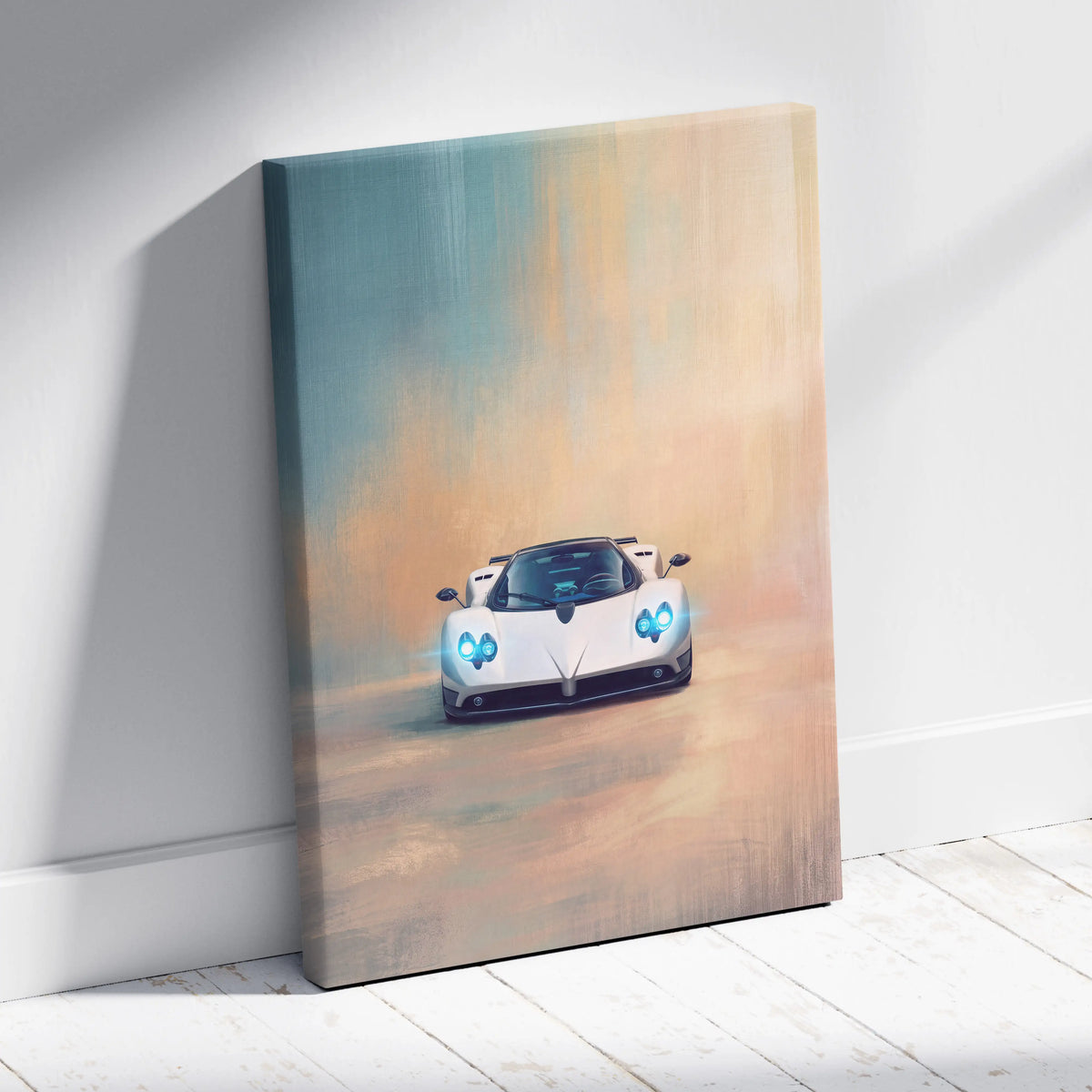 White Pagani Huayra hypercar canvas print with glowing blue headlights and gradient sky for custom car wall art