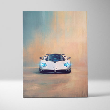 White pagani huayra hypercar with glowing blue headlights in stylized painterly canvas art for custom car wall decor