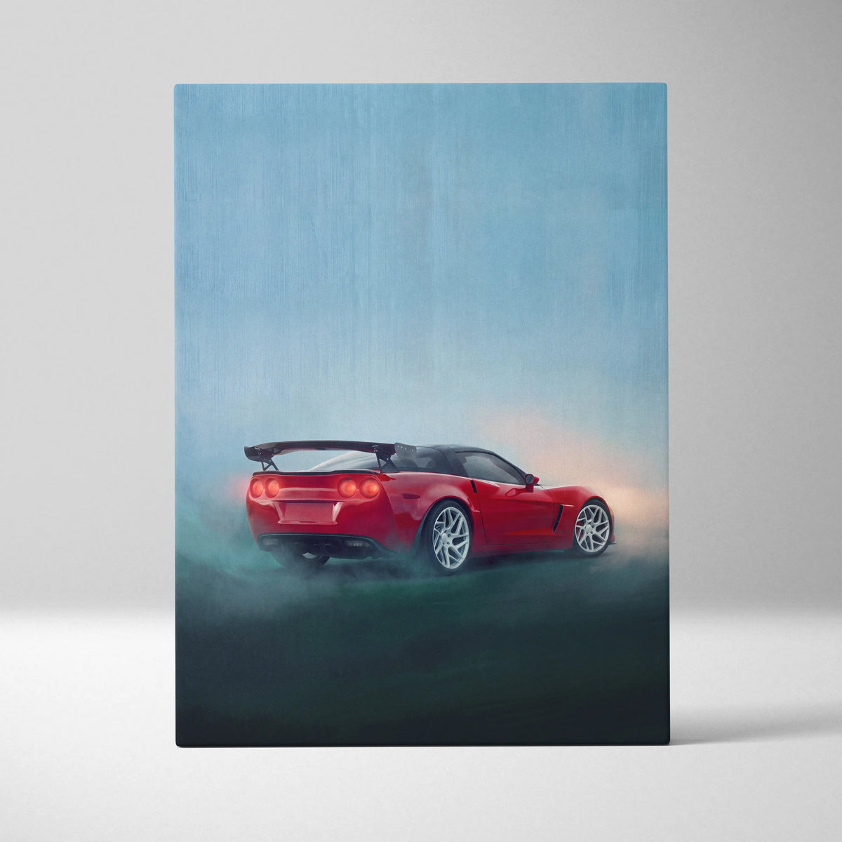 Chevrolet Corvette inspired red sports car wall art with sleek glossy finish and detailed taillights on canvas print