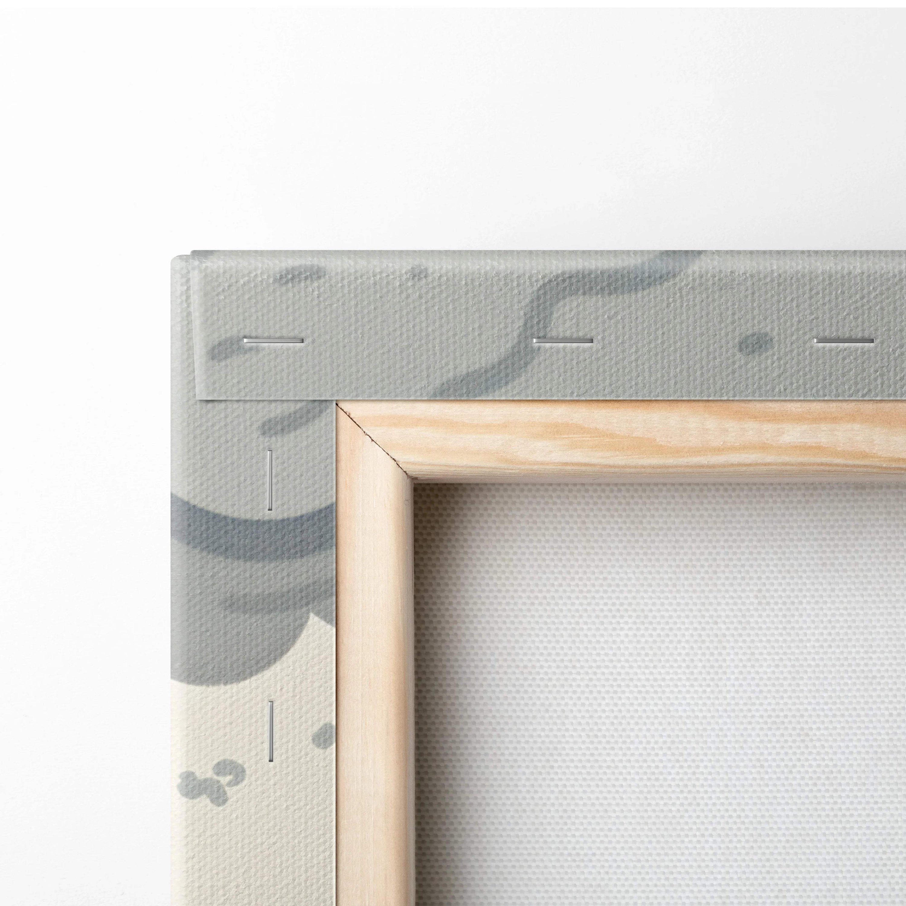 Back of Tranquil Volcano Landscape canvas with light wood frame and gray pattern