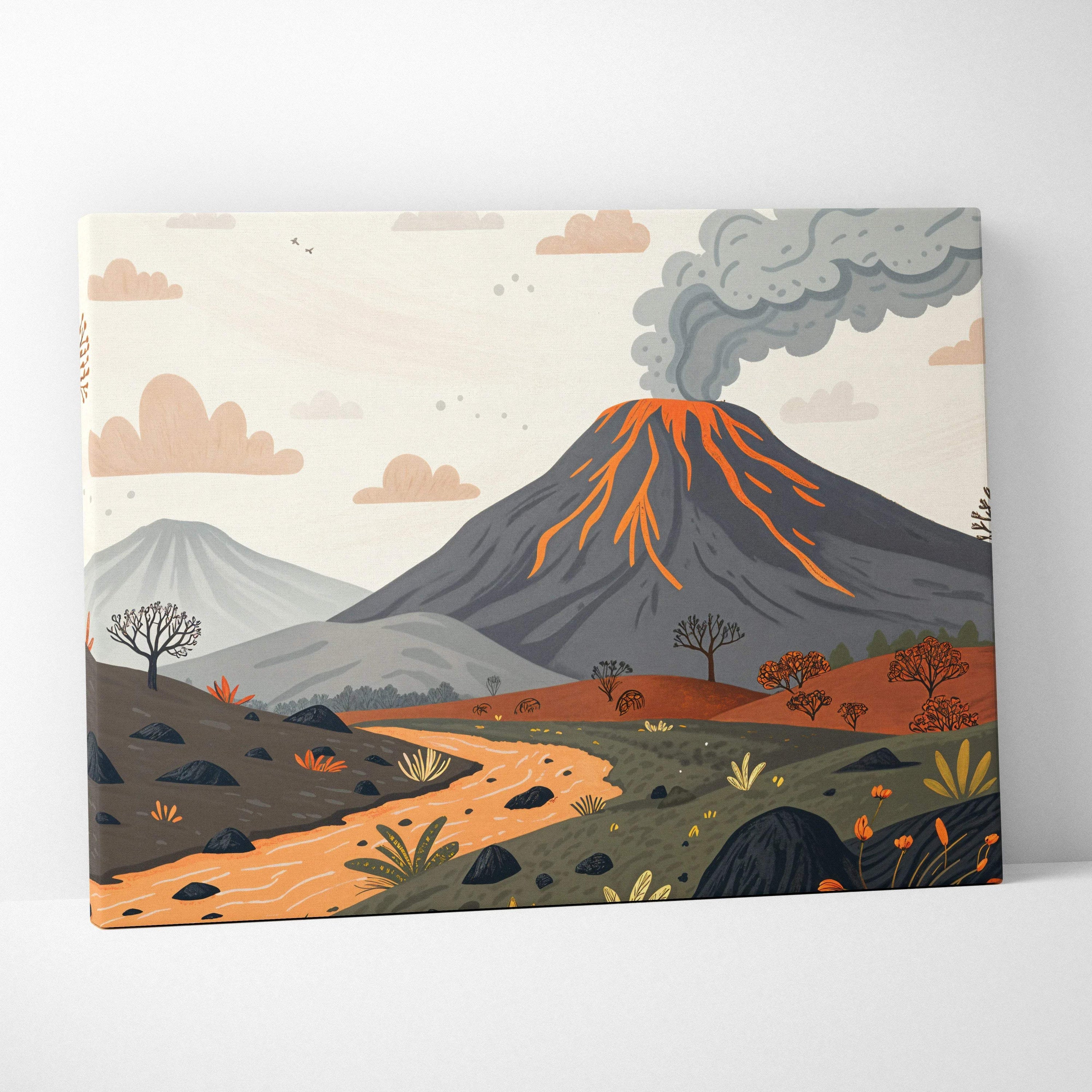 Tranquil volcano canvas art with glowing lava veins over autumn river
