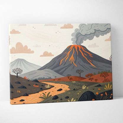 Tranquil volcano canvas art with glowing lava veins over autumn river