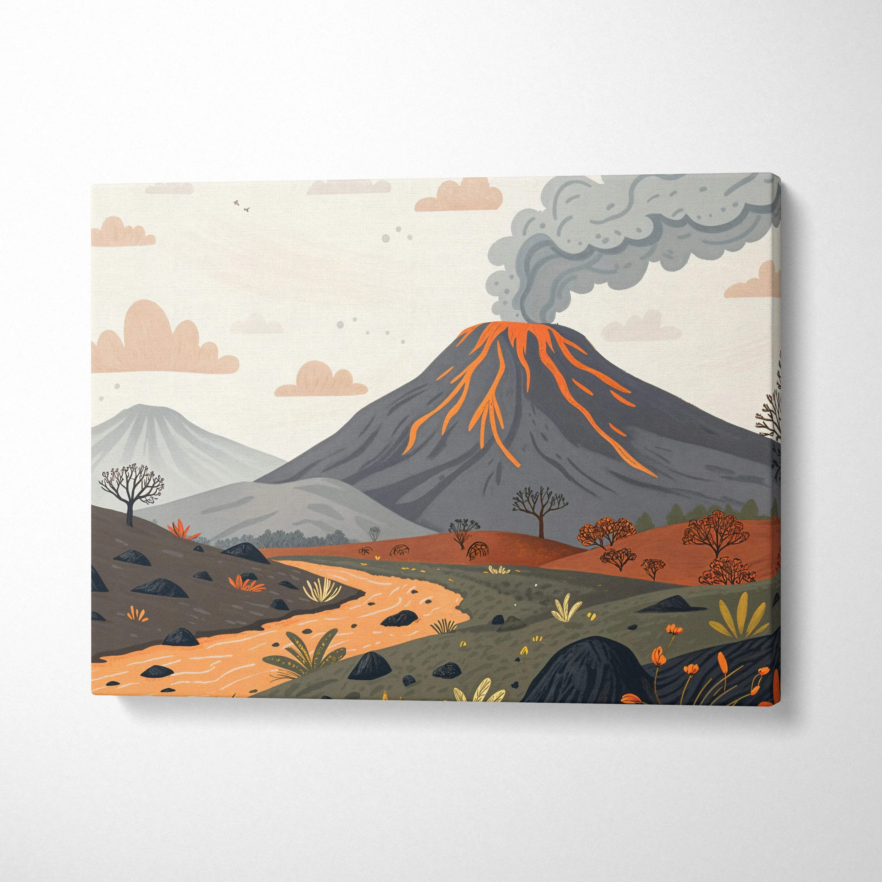 Tranquil volcano canvas art with glowing lava veins over autumn river hills