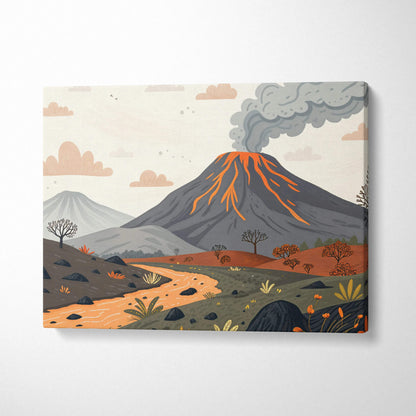 Tranquil volcano canvas art with glowing lava veins over autumn river hills