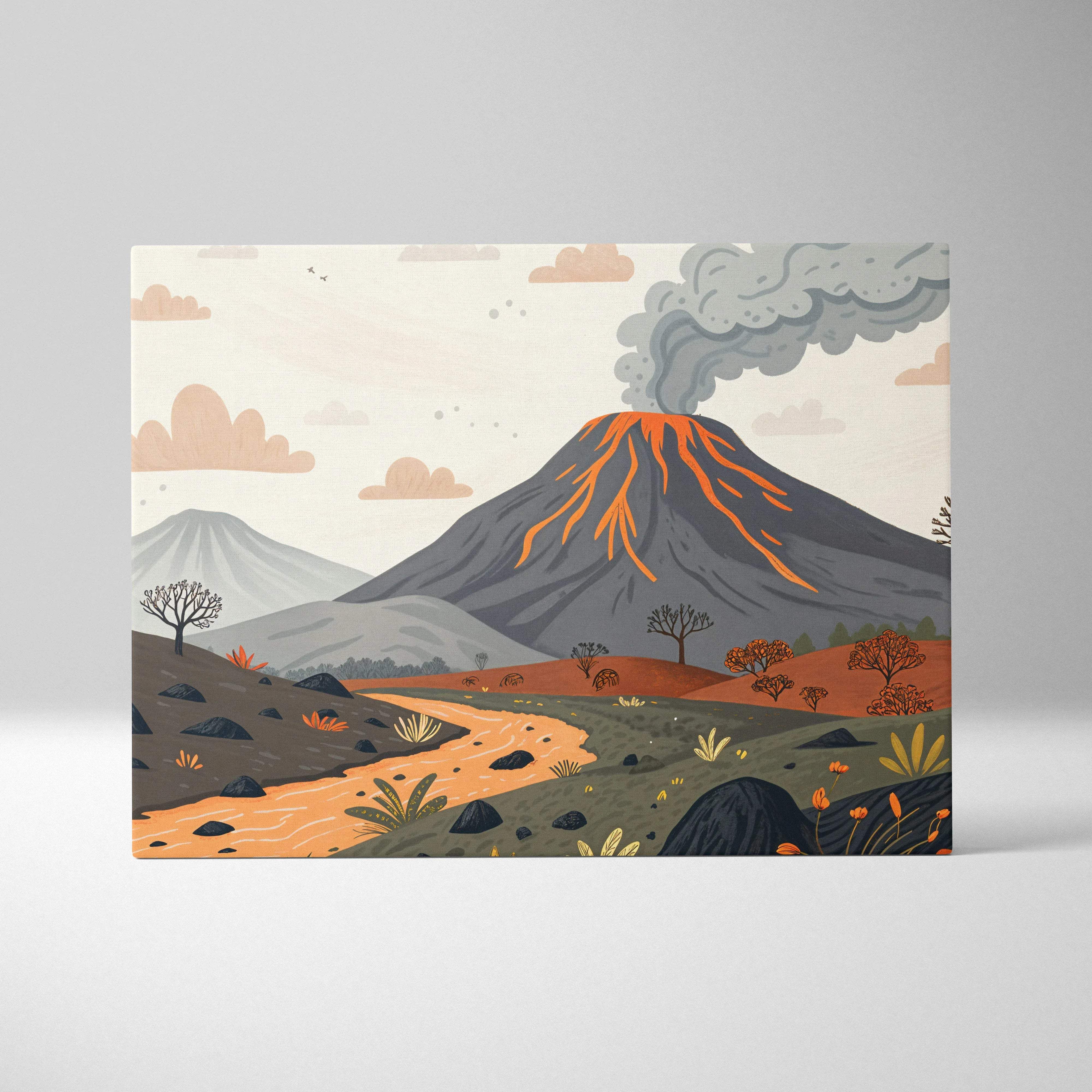 Tranquil volcano canvas art with glowing lava veins over autumn river