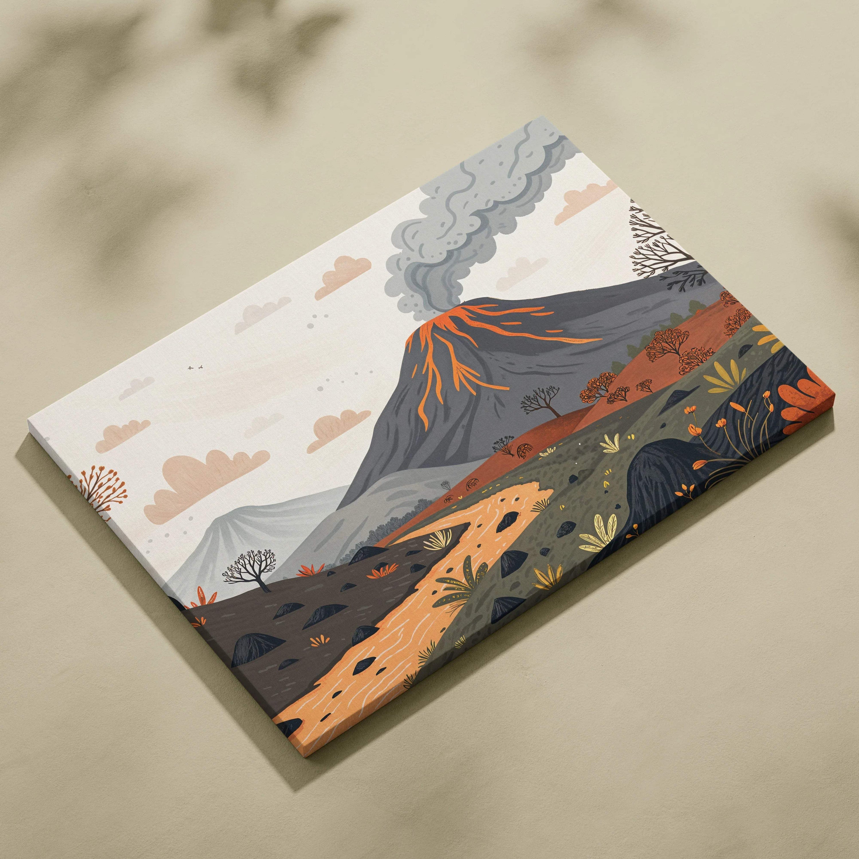 Tranquil volcano landscape canvas with glowing lava veins over autumn river
