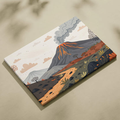 Tranquil volcano landscape canvas with glowing lava veins over autumn river