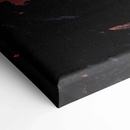 Black textured canvas art with lava rivers, erupting volcanoes at sunset