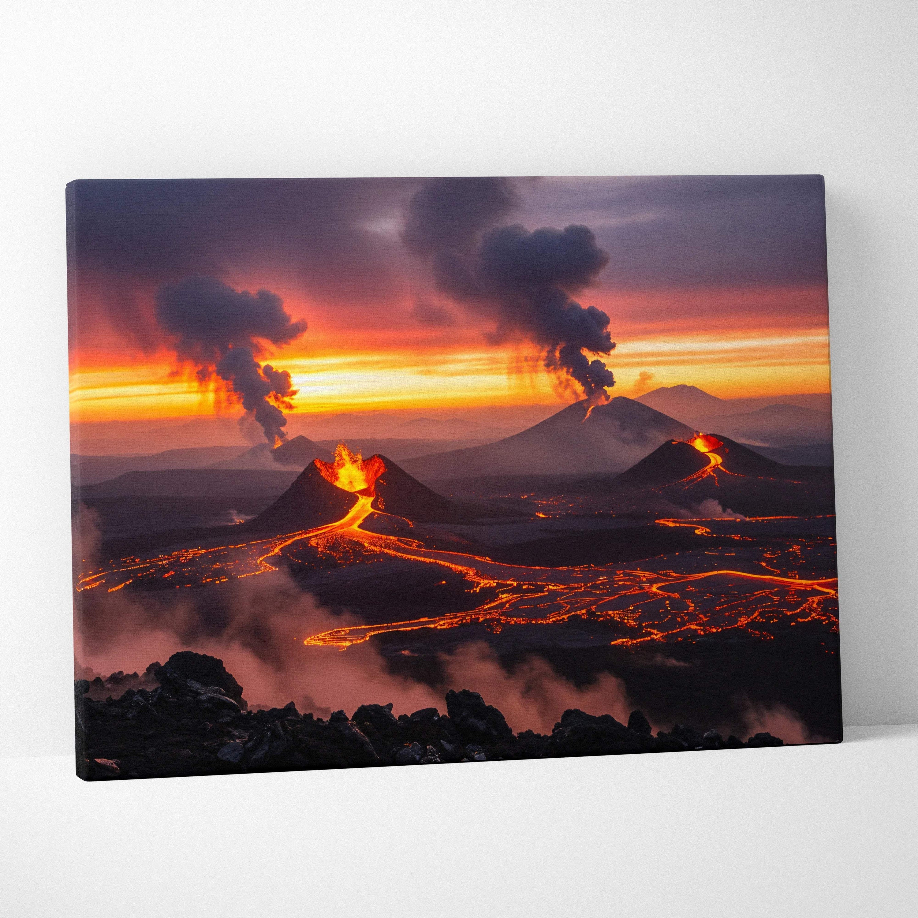 Vibrant lava rivers glow across volcanic plain with erupting volcanoes at sunset canvas print