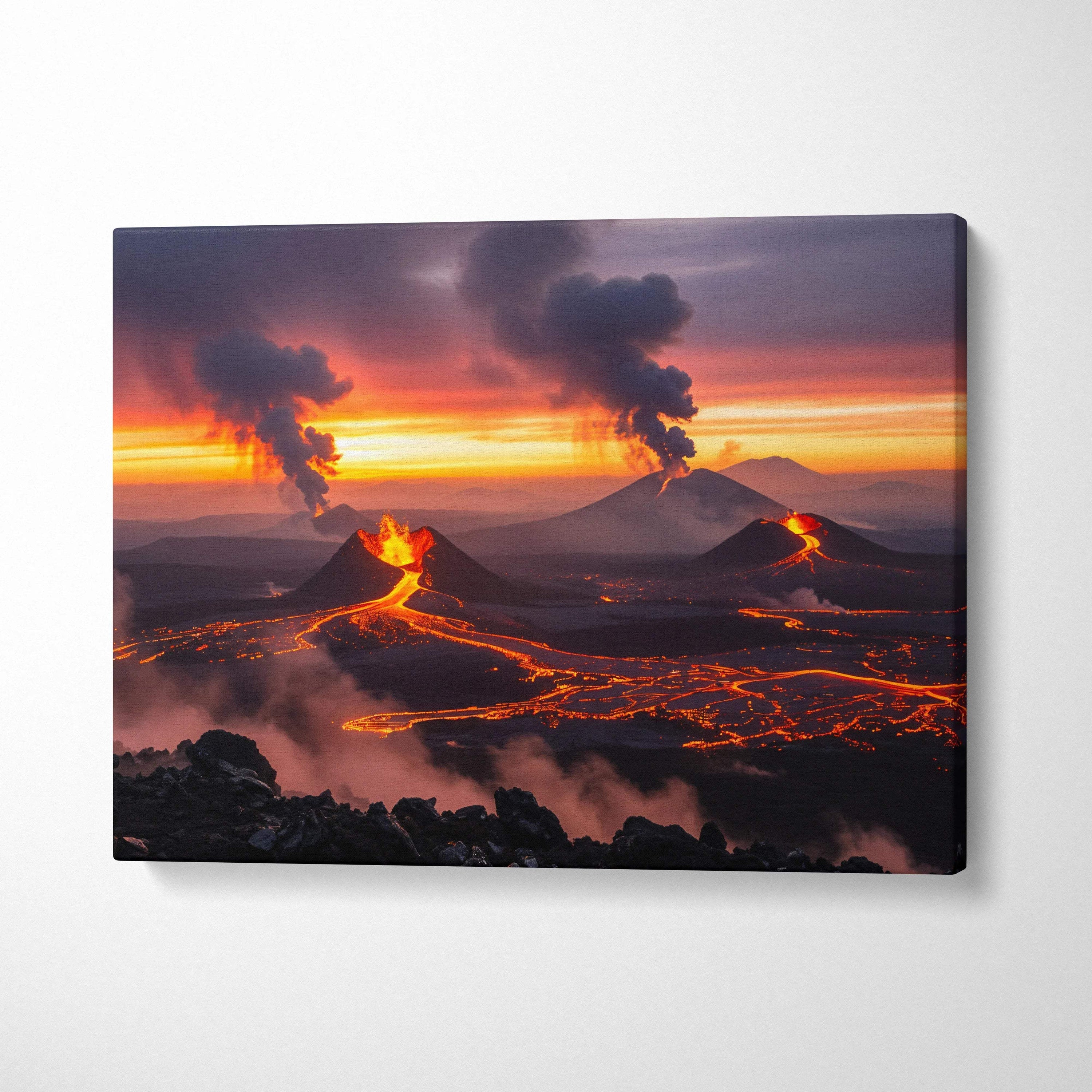 Vibrant canvas print of erupting volcanoes with glowing lava rivers at sunset