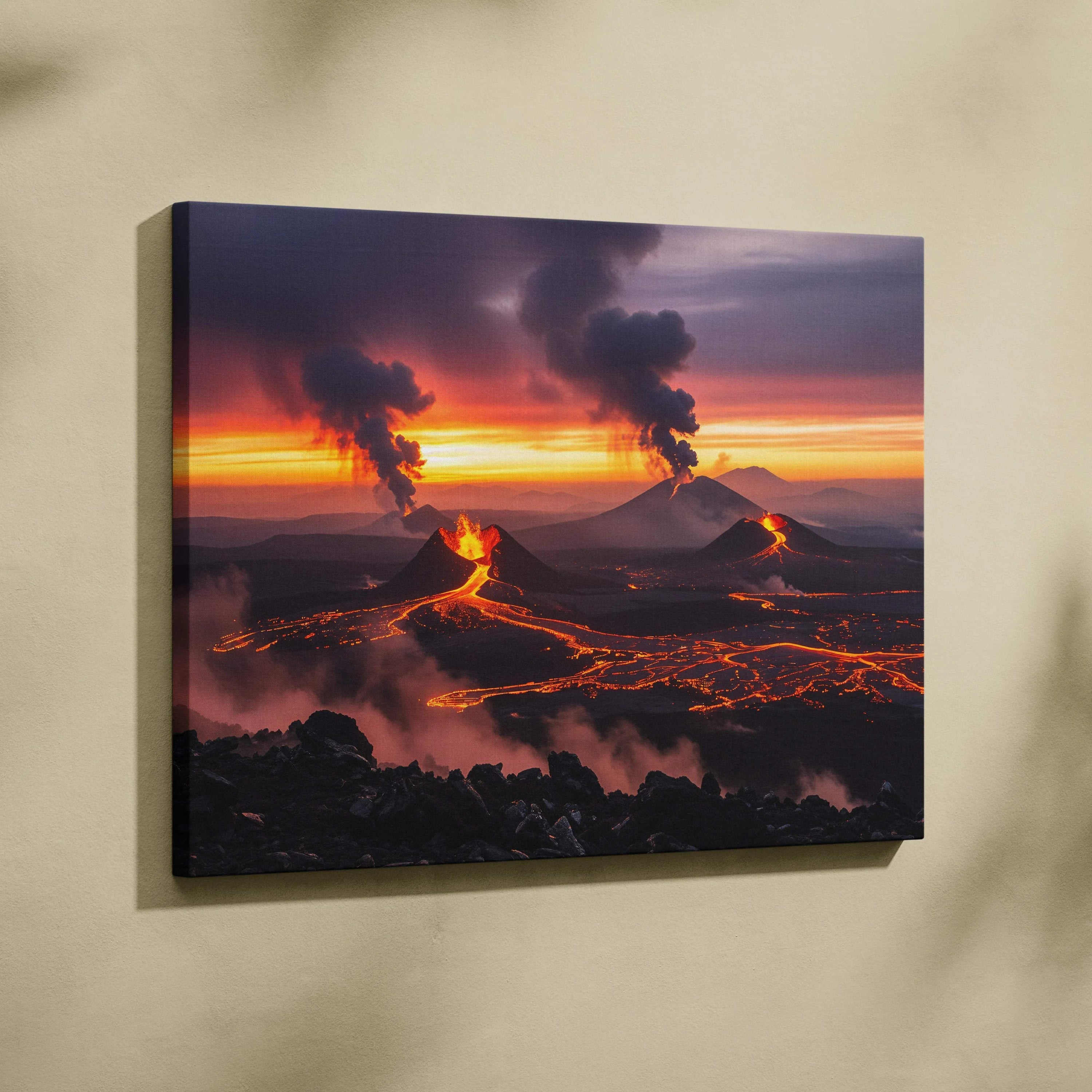 Vibrant canvas print of glowing lava rivers across volcanic plain at sunset