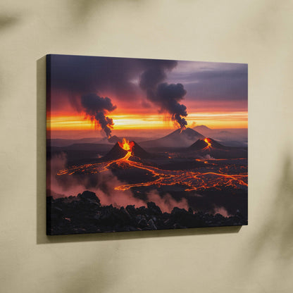 Vibrant canvas print of glowing lava rivers across volcanic plain at sunset