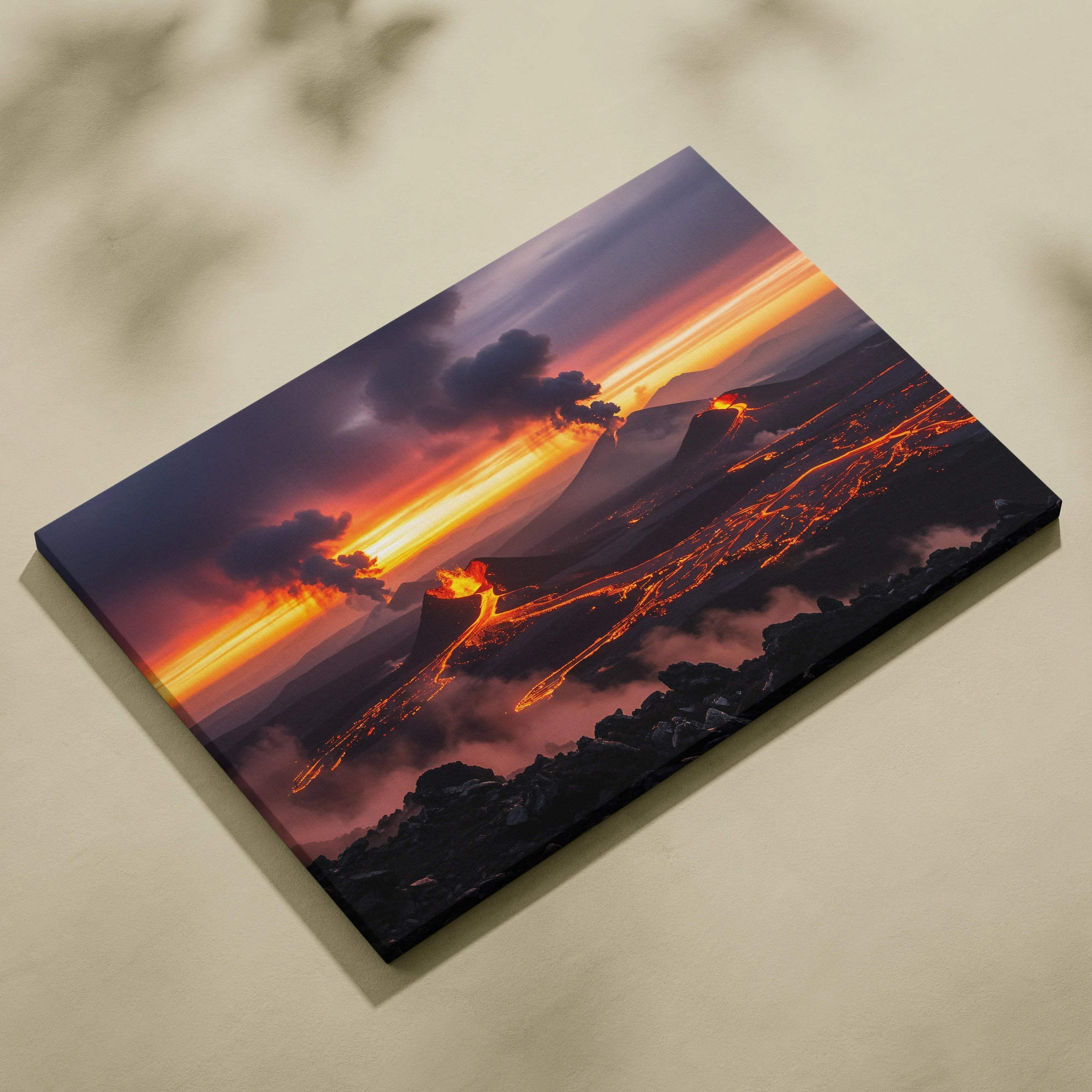 Vibrant lava rivers glow across volcanic plain with erupting volcanoes at sunset canvas print