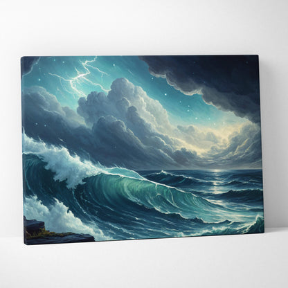 Visionary Ocean Storm canvas wall art with moody blues, lightning, crashing waves
