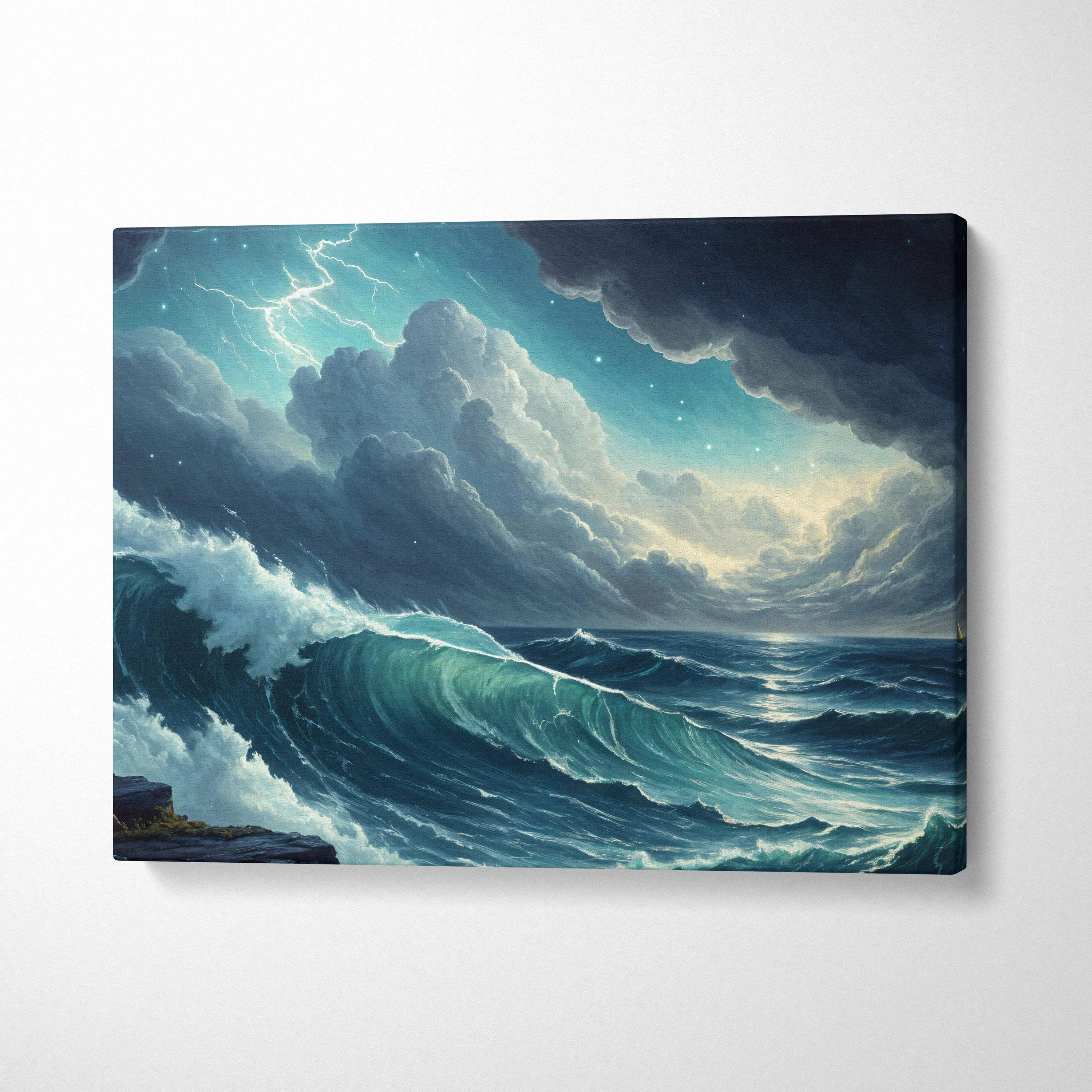 Visionary Ocean Storm canvas wall art with moody blues, lightning, turbulent waves