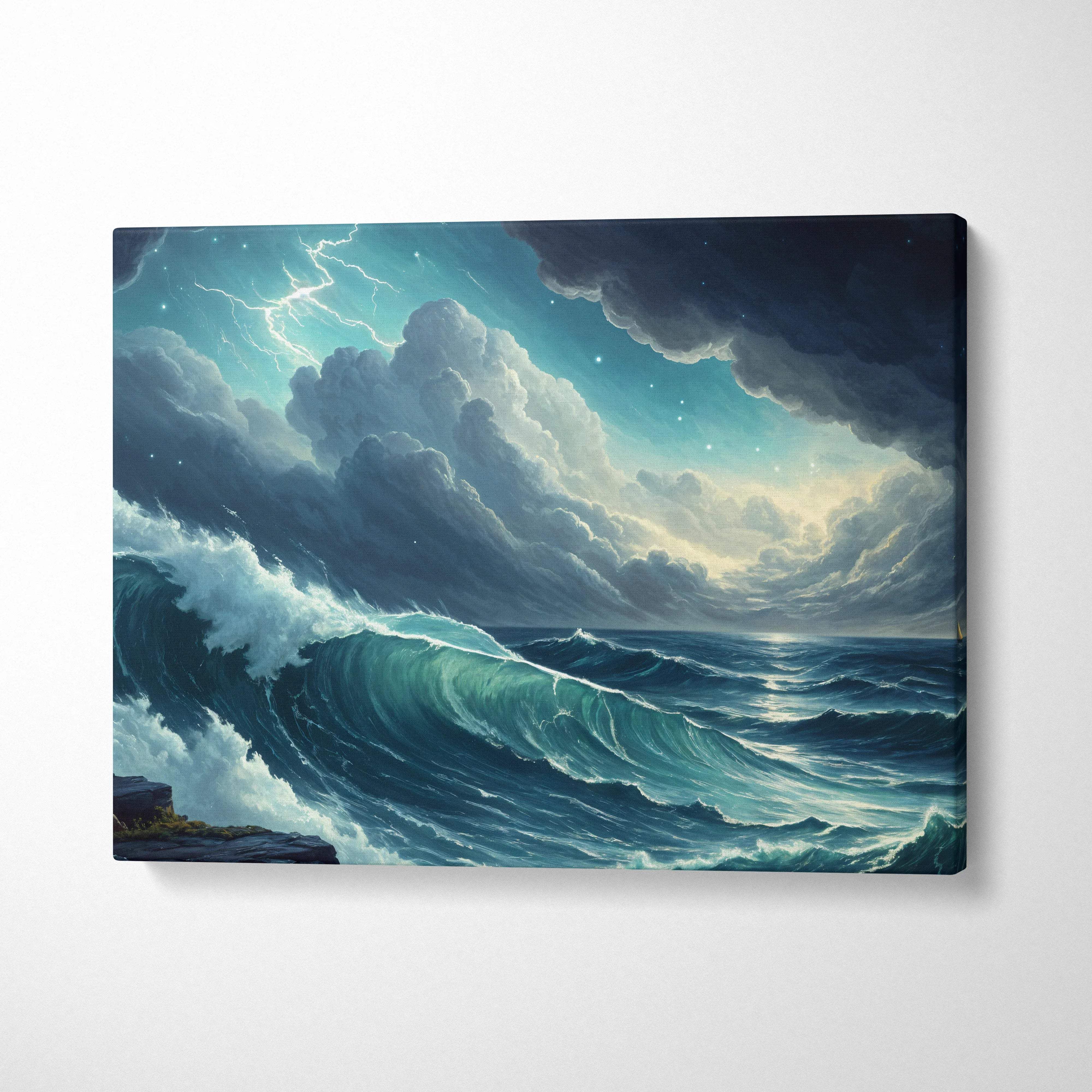 Visionary Ocean Storm canvas wall art with moody blues, lightning, turbulent waves