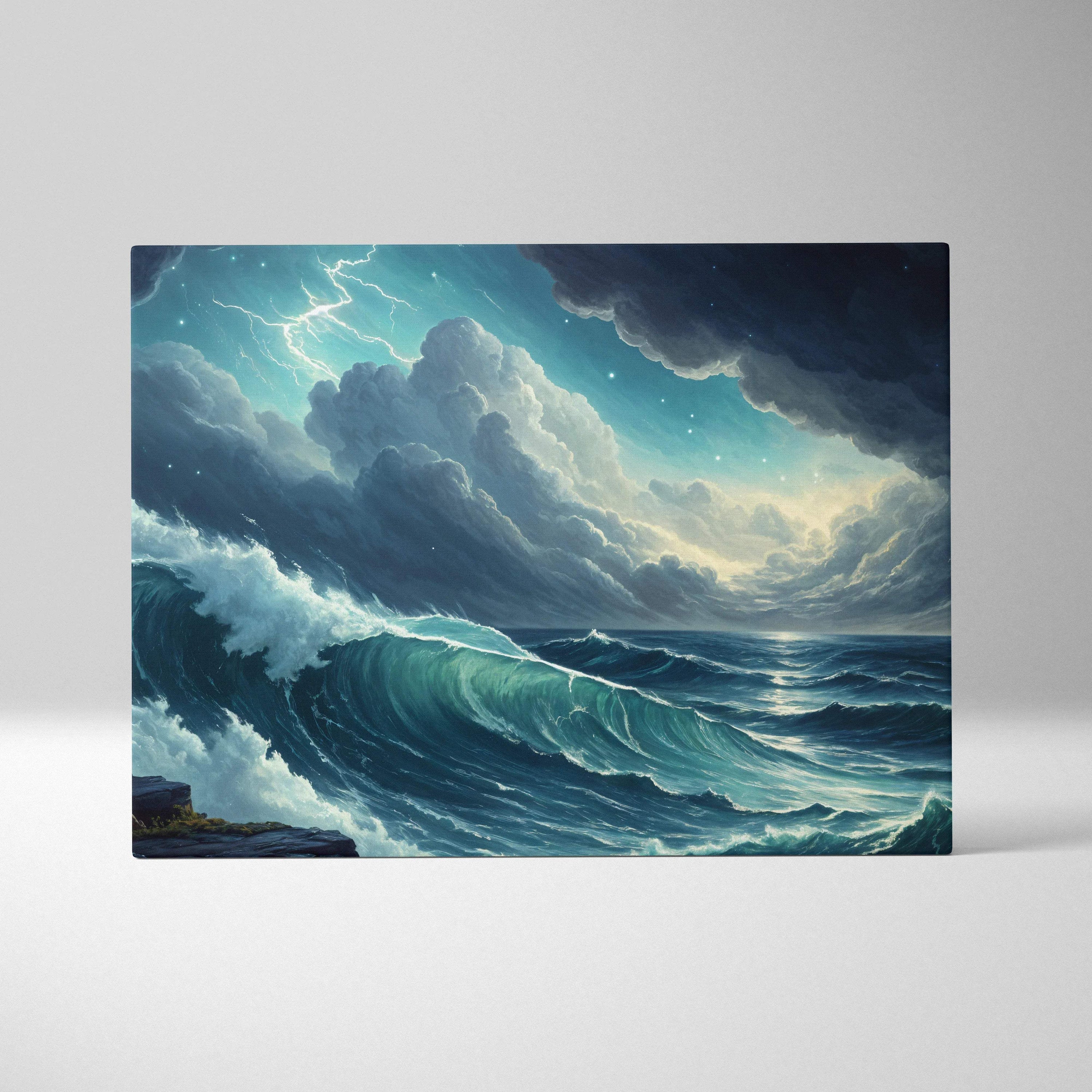 Visionary Ocean Storm canvas print with turquoise waves, lightning, moody blues