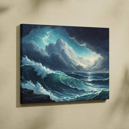 Visionary Ocean Storm canvas wall art with moody blues, lightning, turbulent waves