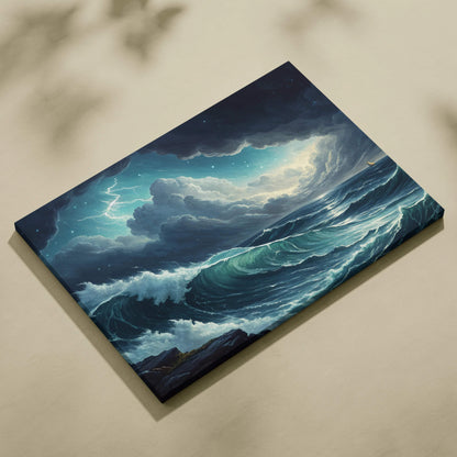 Visionary Ocean Storm canvas wall art with moody blues, lightning, turbulent waves