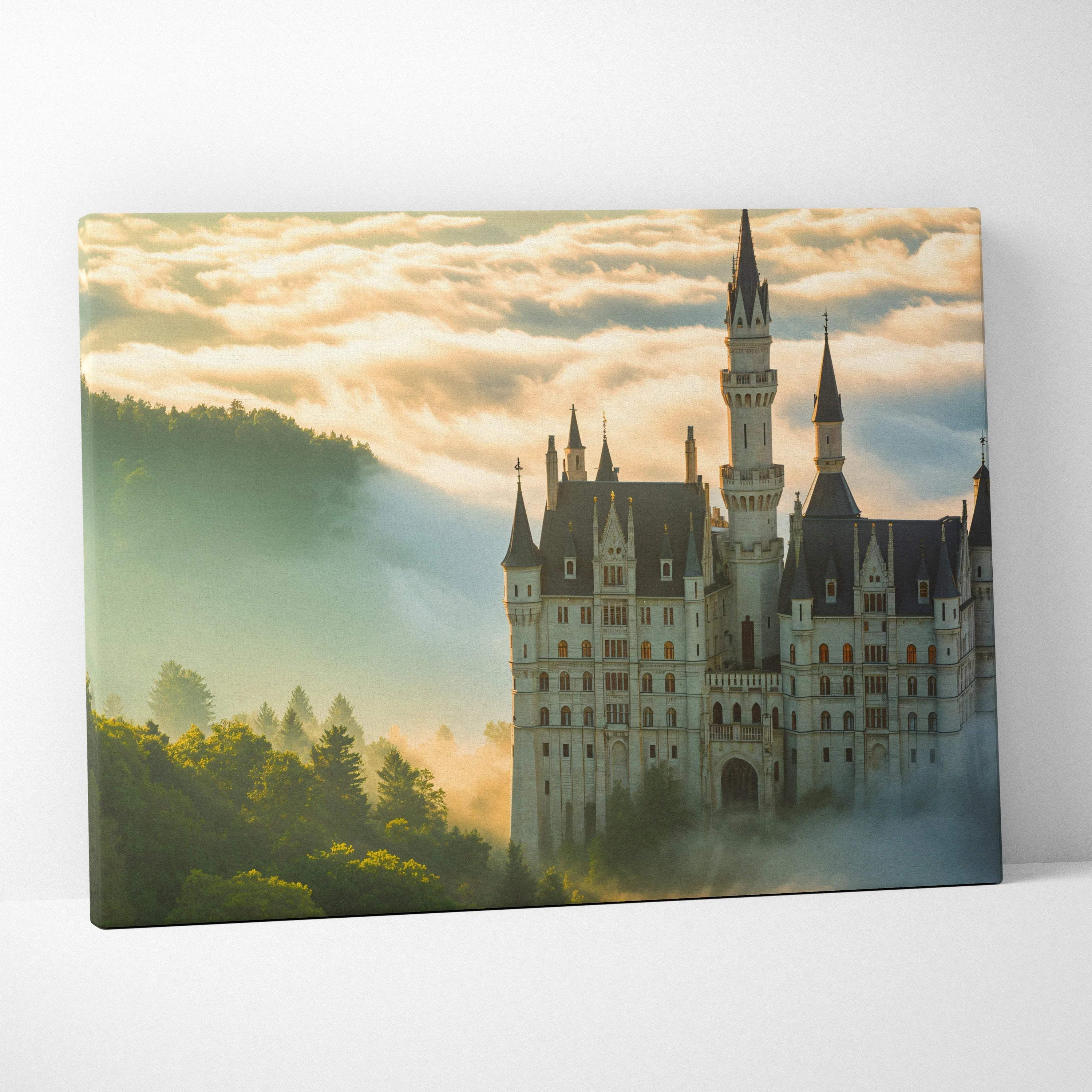 White stone fairy tale castle with golden spires in mist on canvas