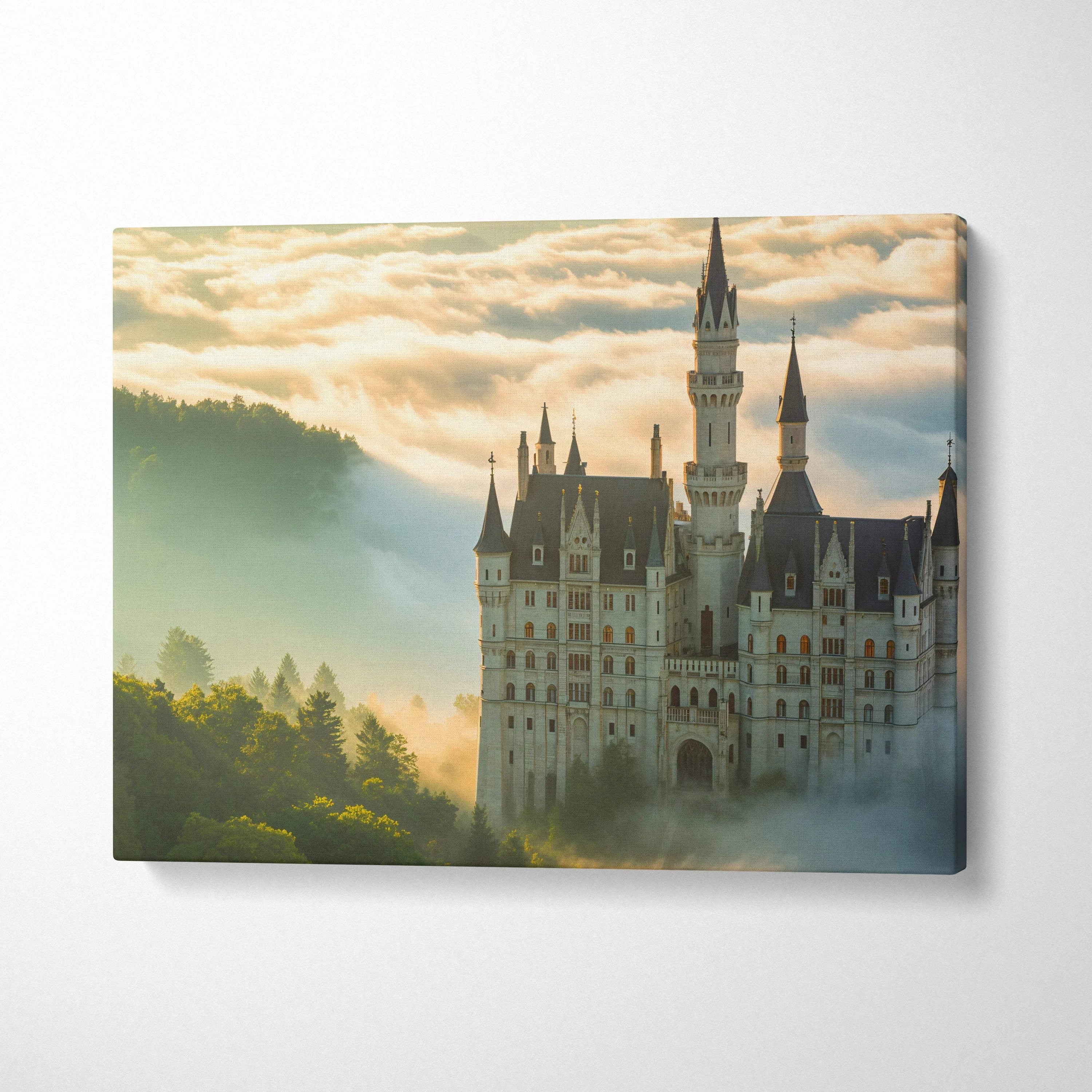 Fairy tale castle rising from morning mist with golden light on spires canvas art