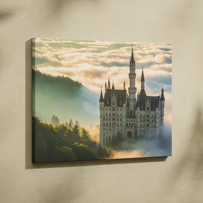 Fairy tale castle rising from morning mist with golden spires canvas print