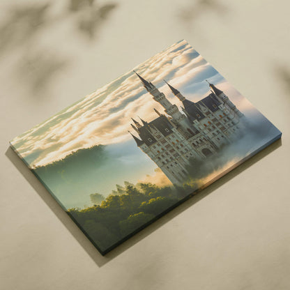 Neuschwanstein castle canvas print with morning mist golden spires forest horizon