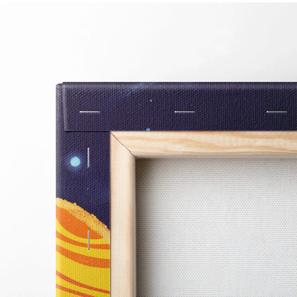 Framed cosmic canvas art of cheerful robot pilot in polka dot spaceship amid dreamy galaxy clouds