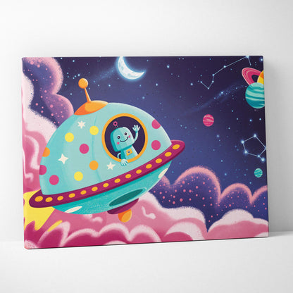 Cheerful teal polka dot spaceship with waving robot pilot in starry galaxy art