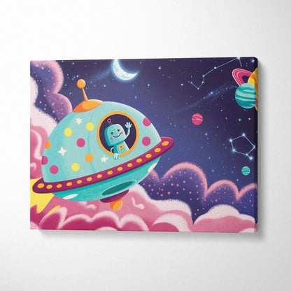 Colorful polka dot spaceship with cheerful robot pilot canvas art in dreamy galaxy
