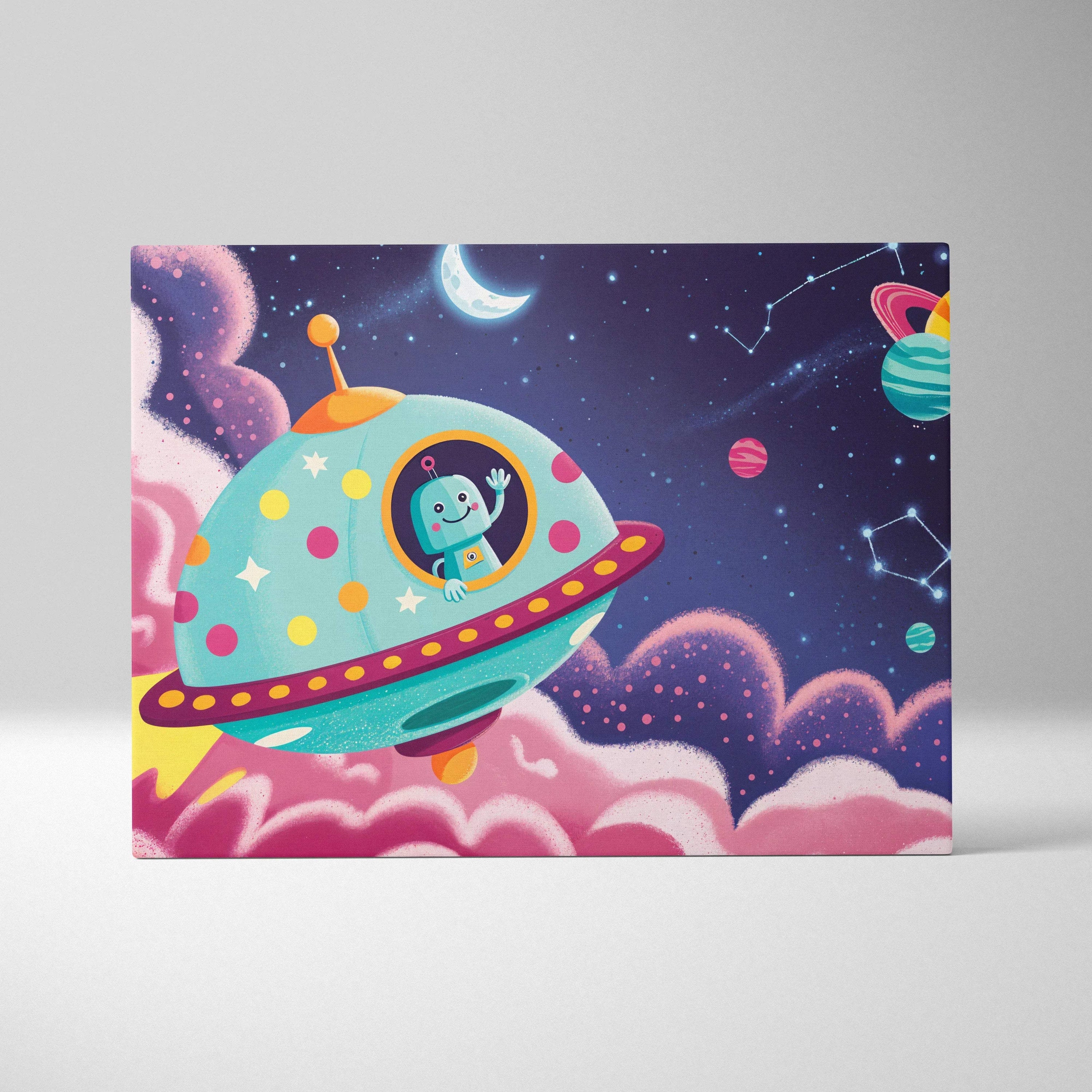 Colorful teal UFO with polka dots and cheerful robot pilot in starry galaxy canvas art