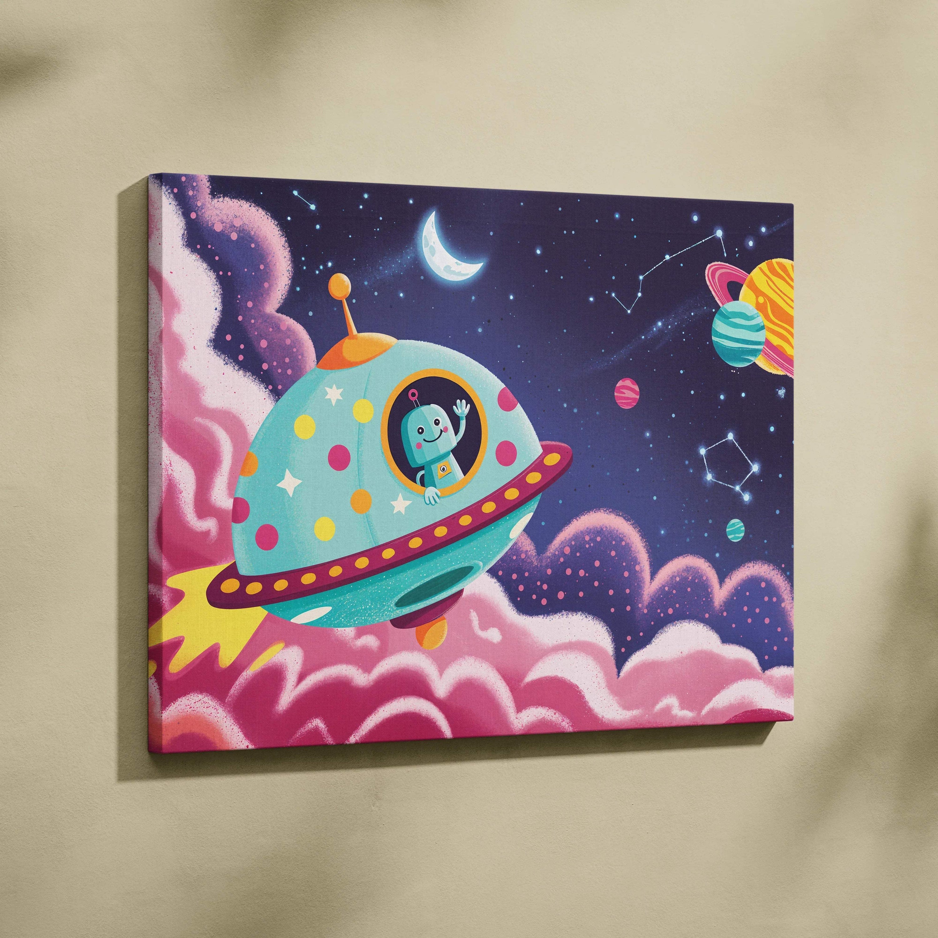 Cheerful teal alien pilot waves from polka-dot pastel spaceship canvas art