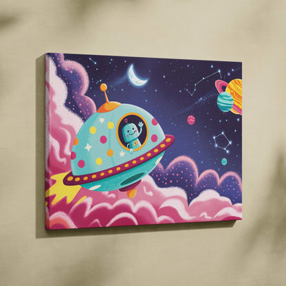Cheerful teal alien pilot waves from polka-dot pastel spaceship canvas art
