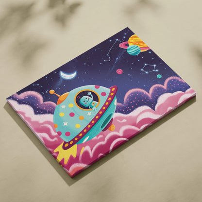 Cheerful robot pilot in polka dot spaceship canvas art with pink clouds