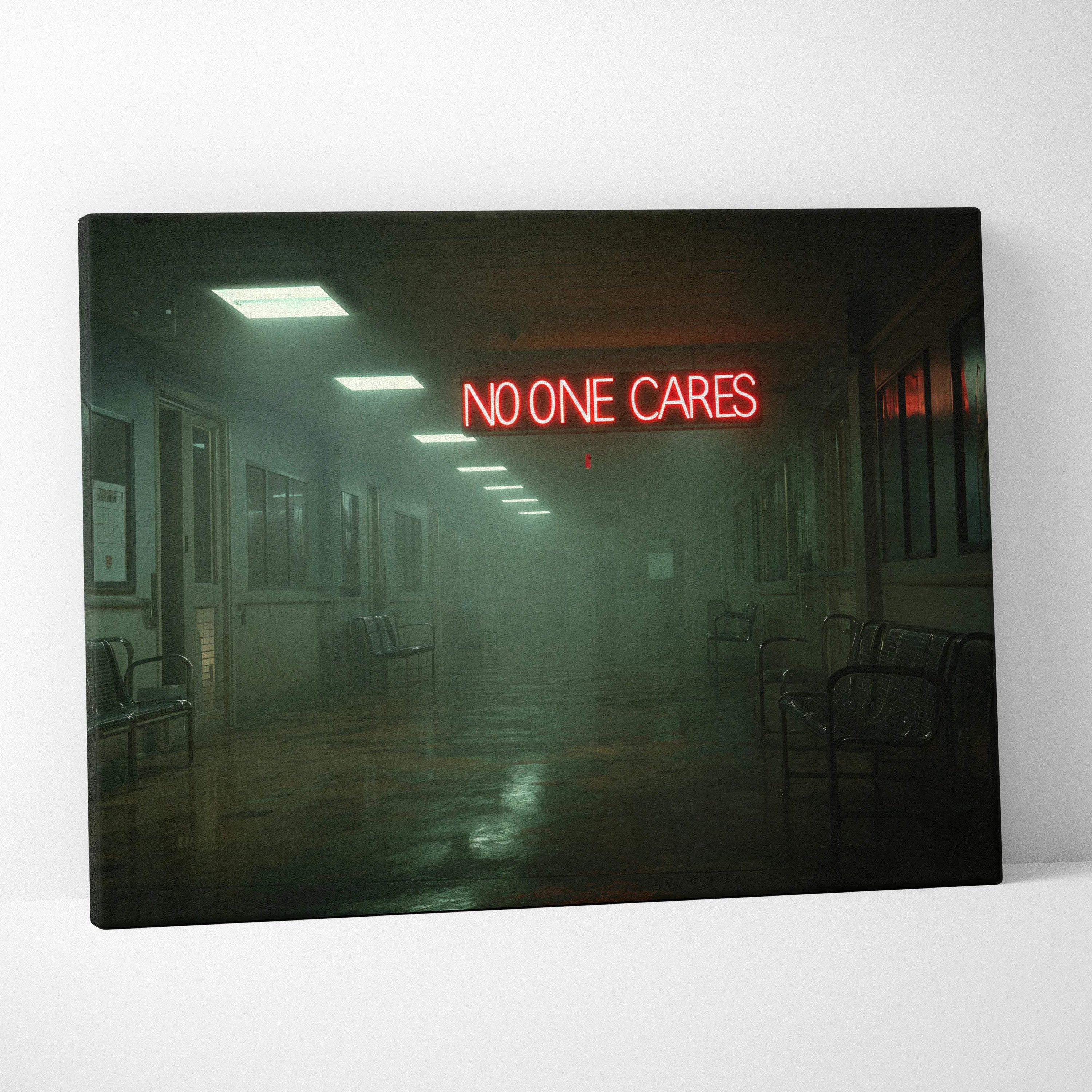 Neon Noir canvas print of foggy hospital hallway with No One Cares red neon sign