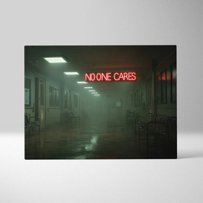Dimly lit foggy hospital hallway canvas with glowing red No One Cares neon sign