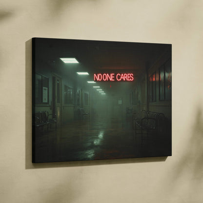 Dimly lit hospital hallway canvas print with glowing red No One Cares neon sign