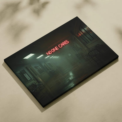 Black canvas print of dimly lit hallway with red neon No One Cares text