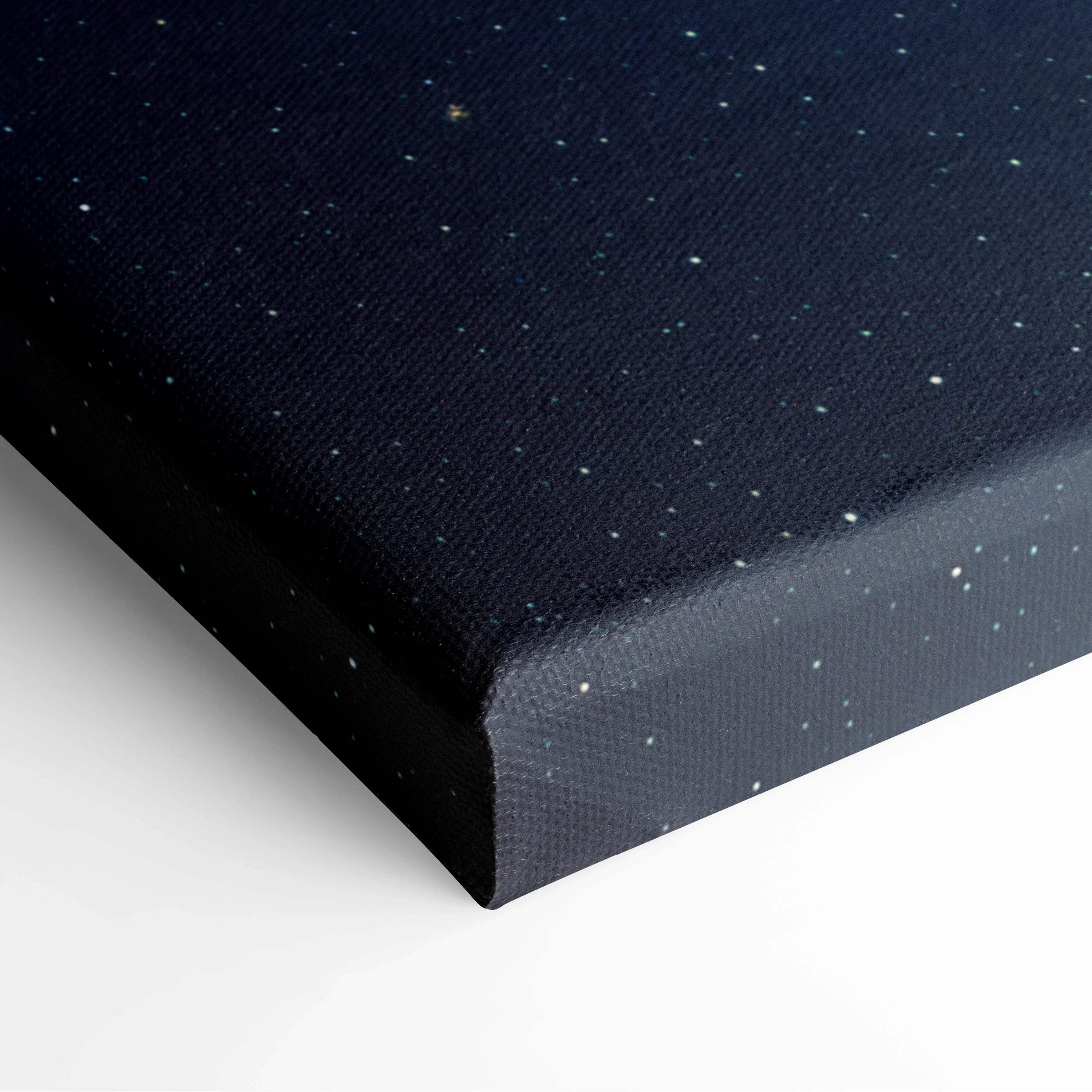 Dark navy starfield canvas print with blue orange nebula celestial light