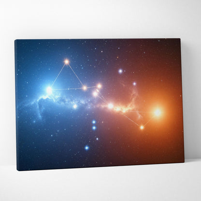 Vibrant blue orange nebula constellation canvas wall art with glowing stars
