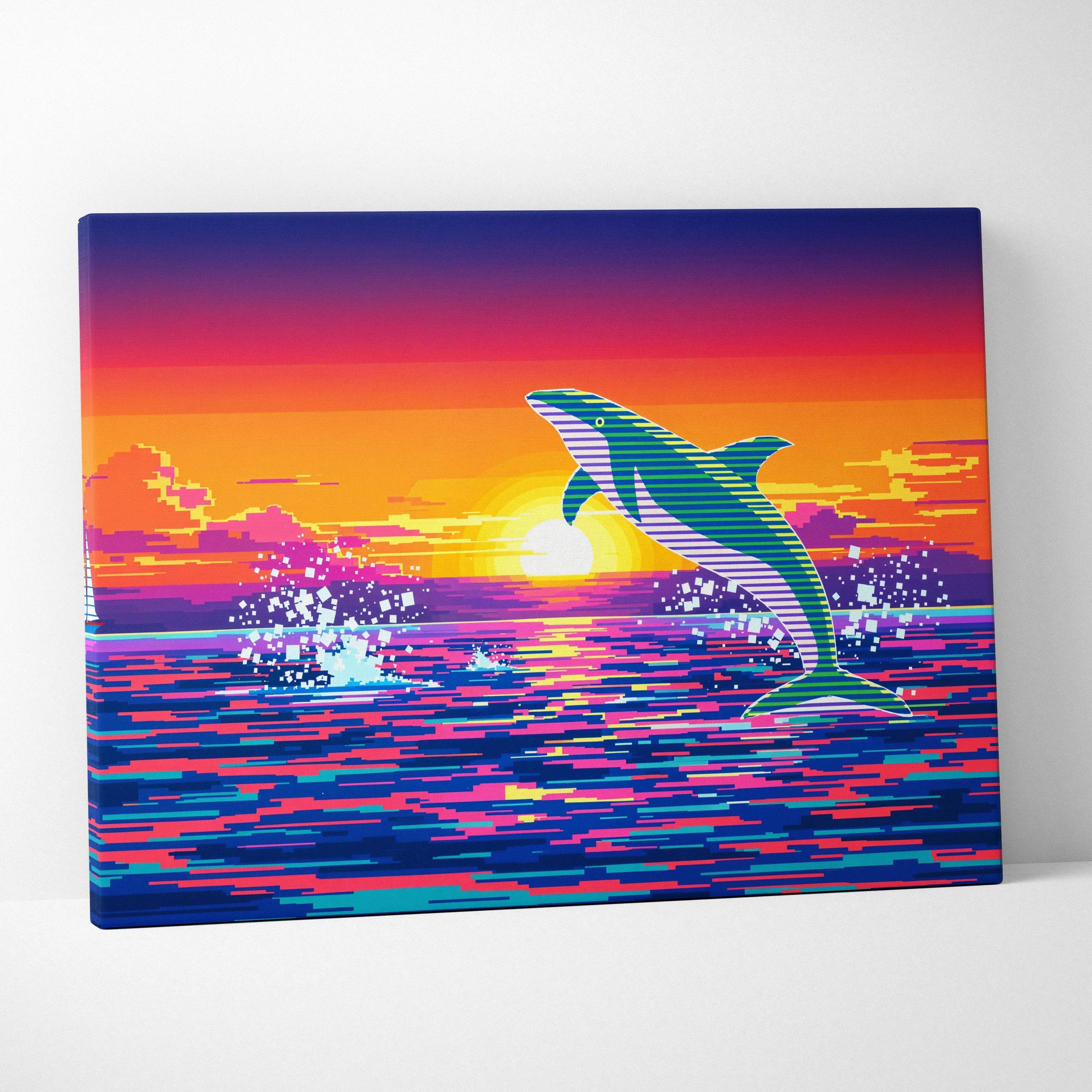 Retro neon dolphin jump over sunset ocean pixel art canvas wall art