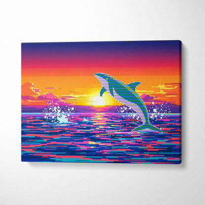 Retro neon dolphin jump over sunset ocean pixel art canvas wall art