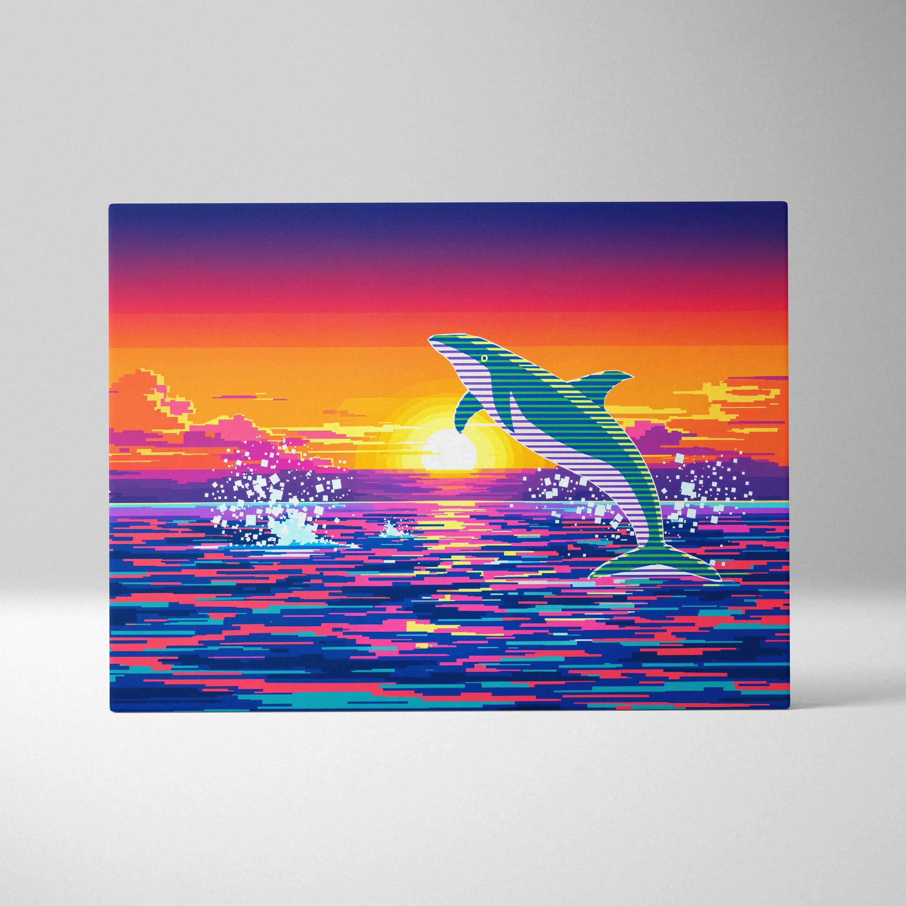 Retro neon dolphin jump over sunset ocean pixel art canvas wall art