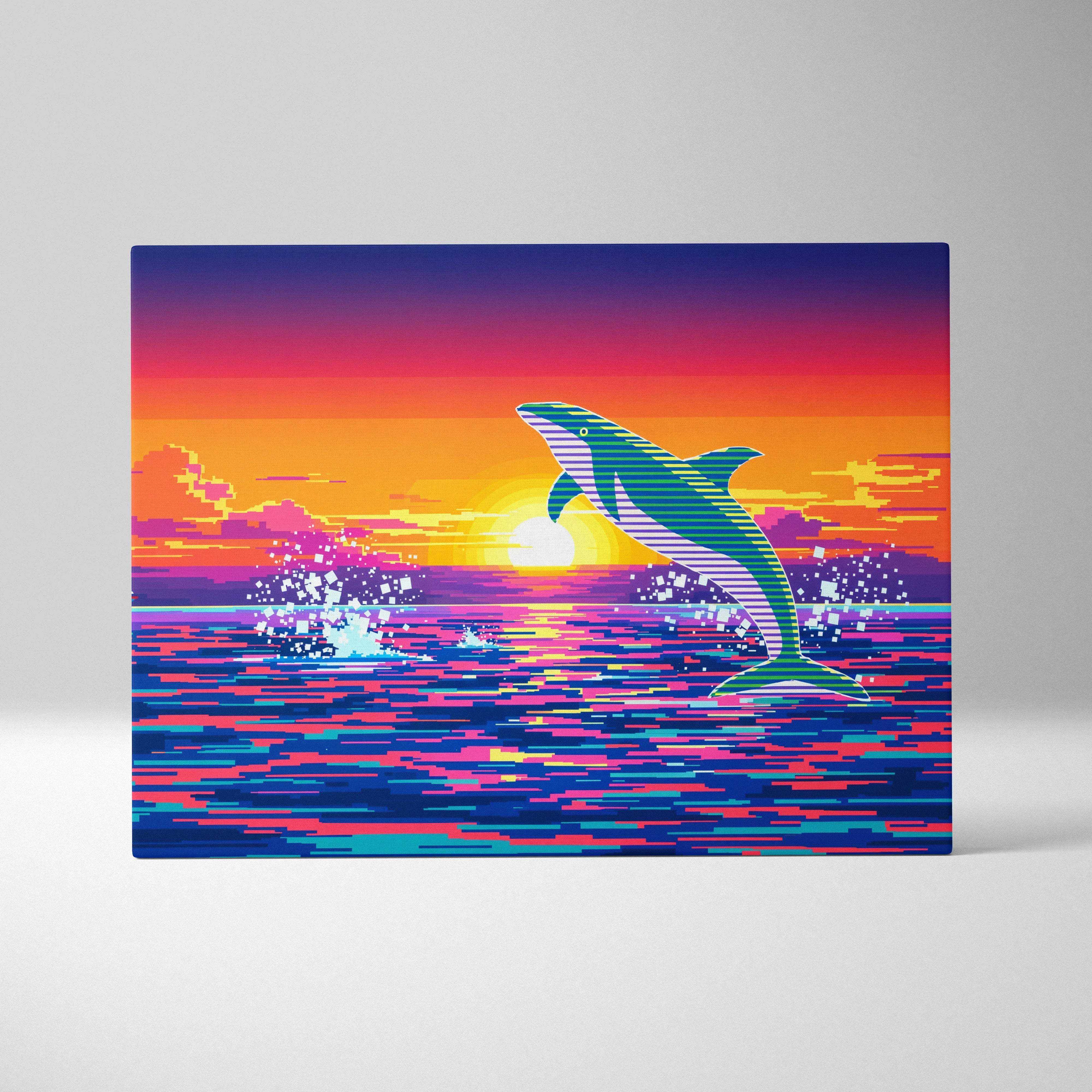 Retro neon dolphin jump over sunset ocean pixel art canvas wall art
