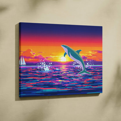 Retro neon dolphin jump over sunset ocean pixel art canvas print